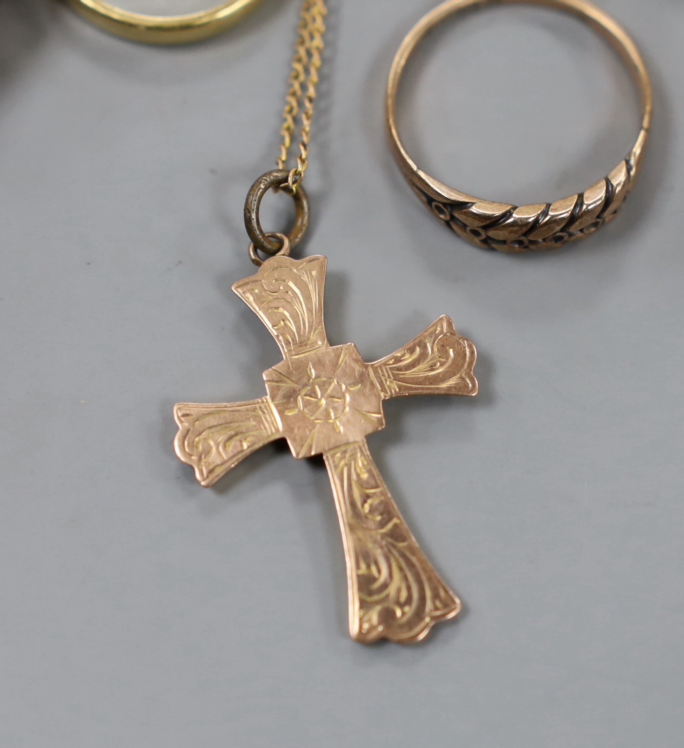 A lady's 9ct gold Accurist manual wind wrist watch, on a 9ct gold bracelet, gross weight 11.2 grams, one other lady's yellow metal wrist watch, three 9ct gold rings, a 9ct gold bracelet, a 9ct cross pendant on 9ct chain,